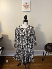 Anthropologie Skies Are Blue Flocked Damask Black & Cream Dress Medium