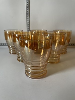6 x Vintage Libbey Optik Swirl Bernstein Gold Becher Getränk Glas Set Lustreware Ära