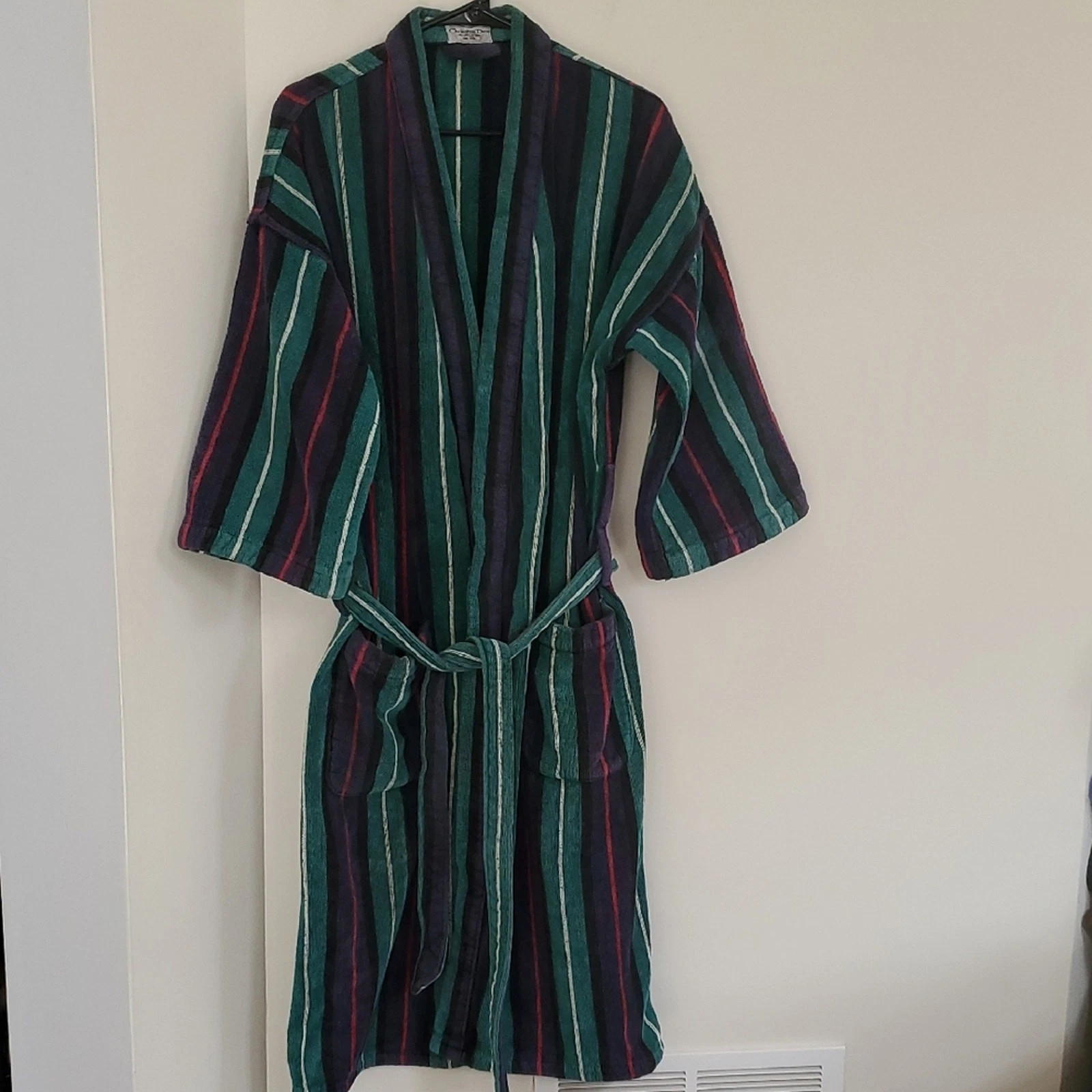 Robe rayée vintage Christian Dior Monsieur avec ceinture taille unique bleu vert rouge