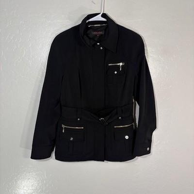 Escada Jacket Womens 40 Black Belted Utility Zip Pockets Stretch Collared