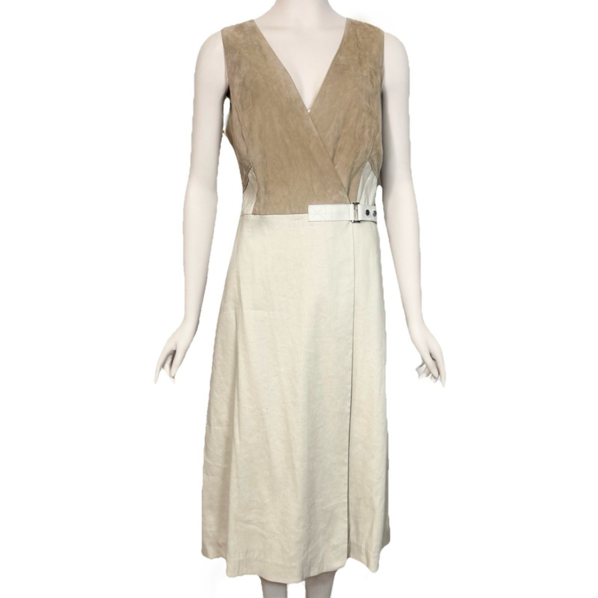 Lafayette 148 Leather Combo Wrap Dress A-Line w Buckle Beige Linen-Blend sz  10 | eBay