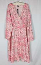 Boohoo Dress 20 Womens Pink Paisley Woven Vneck Long Sleeve Midi Dress Faux Wrap