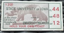 1929 University of Iowa vs Michigan Football Ticket Stub Original Vintage
