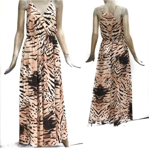 Maidoma Vestito Lungo Abito Donna Stampa Animalier Beige Nero Party Casual  | eBay