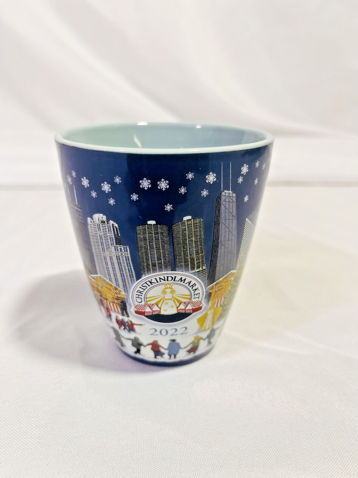 2022 Chicago Christkindlmarket Blue Mug with Cityscape and Ice Skaters