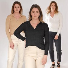 Womens Ribbed Top Collared Long Sleeve