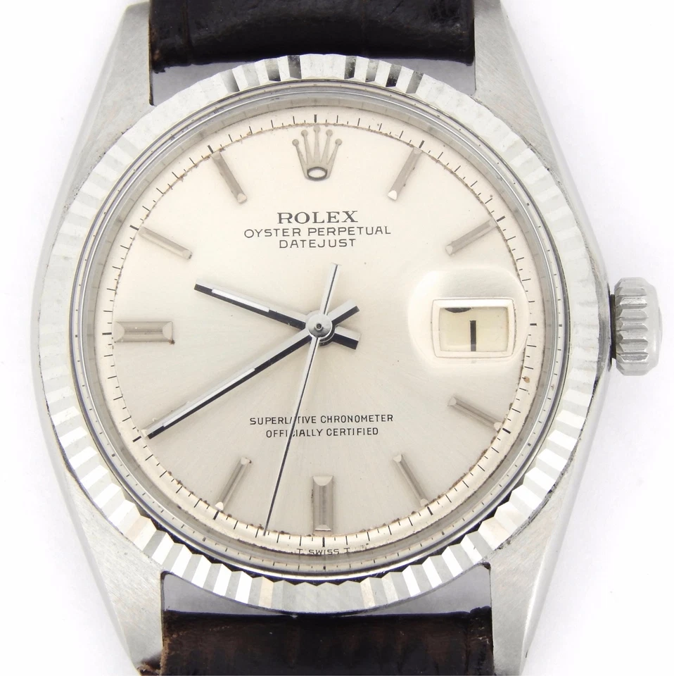 Rolex Datejust Hombres Acero Inoxidable Oro Blanco 18K Reloj Marrón Plata Esfera 1601