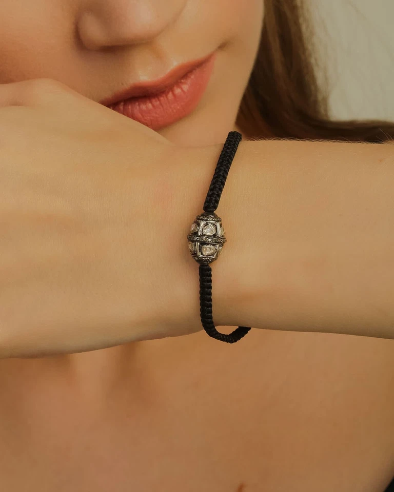 925 Sterling Silver & Diamond Black Macrame Thread Braide Bracelet For Gift - Image 4 of 4