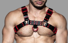 Men's Real Black Leather Bulldog Chest Harness With Red Accessory - Handcrafted