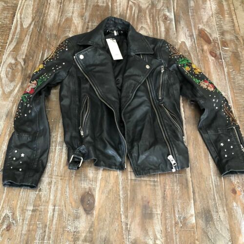 TOPSHOP Top Shop brand Black Embroidered Floral Black Leather Jacket size 4  | eBay