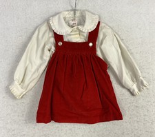VTG Girls Red Dress - 2 Pc Velvet Jumper White Blouse Size 3 T 3T USA FLAW