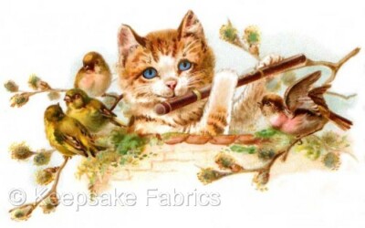 Cat Plays Flute Birds Cotton Crazy Quilt Block Multi Sizes