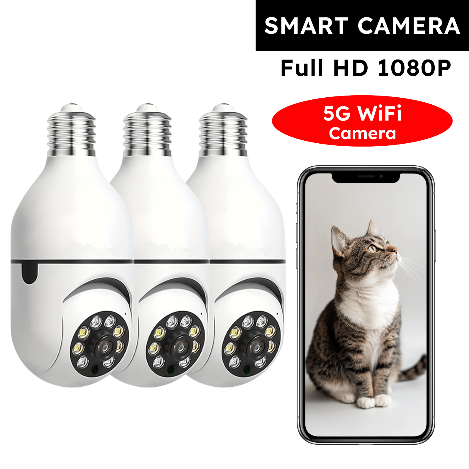 3PCS 5GHz WiFi Light Bulb Security Camera with Ease Life App 1080P HD
