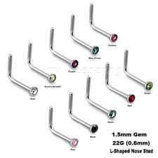 2pcs. 22G 1.5mm Press Fit CZ Gem Surgical Steel L-Shaped Nose Stud