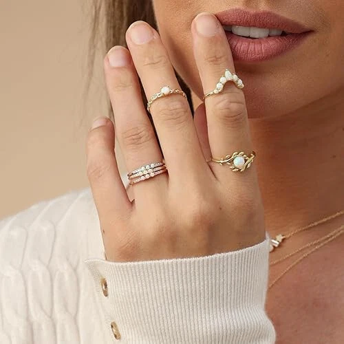 Dainty Stackable Three Round Shape Stone Opal Promise Ring Band 10K Solid Gold - Image 3 of 4