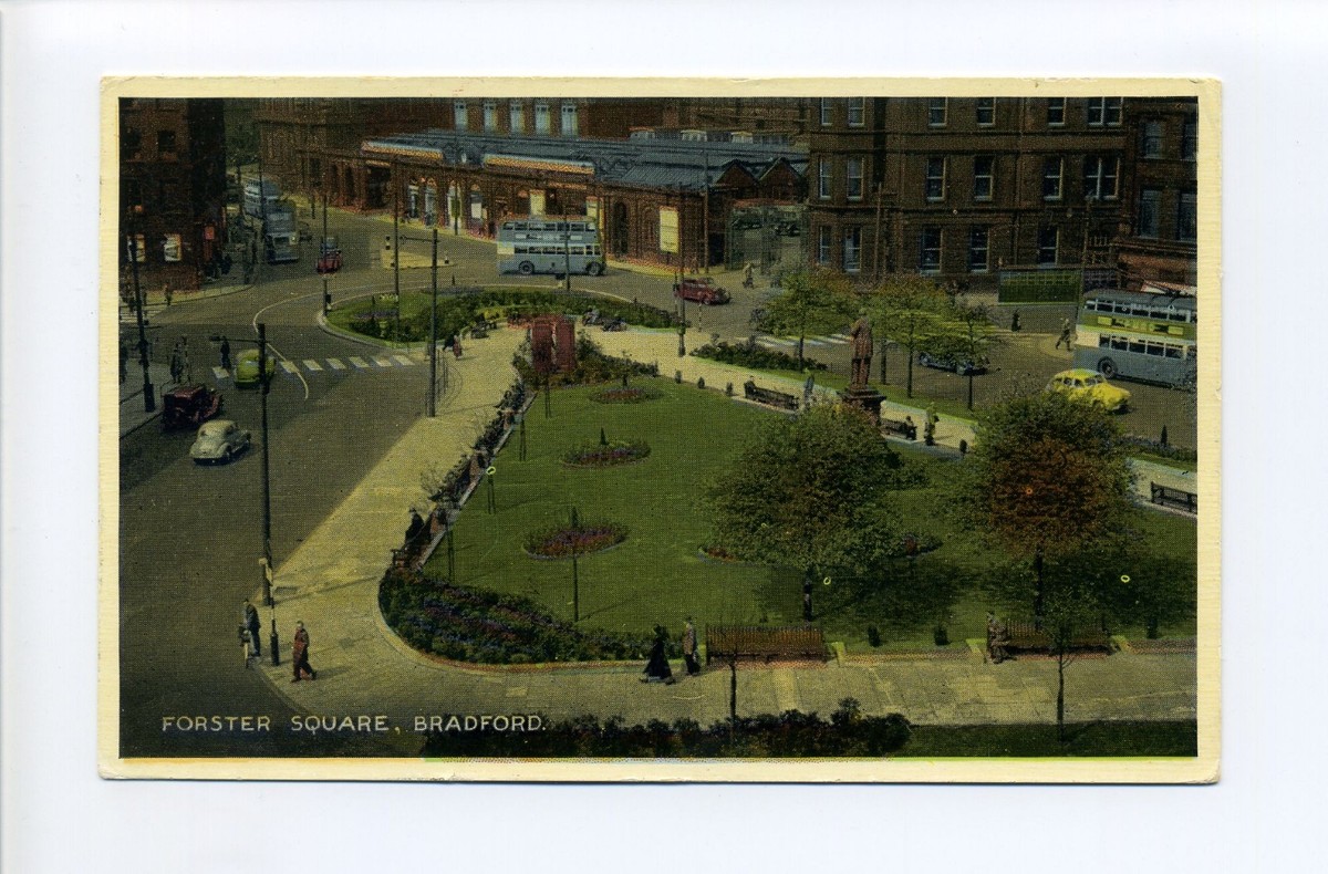 England, Yorkshire, Bradford, Forster Square, people, buses, old cars, 1954
