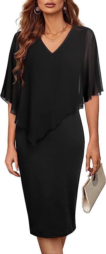 Women's Sleeveless Shawl Dress Formal V Neck Chiffon Cape Tank Pencil Bodycon Pa