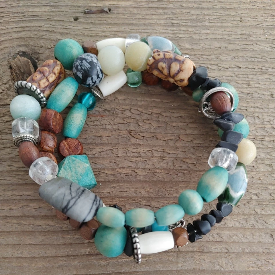 Beaded Bracelet Aqua Brown Boho Beach Wood Clay Stone Shell Charms Aqua Brown - Image 2 of 4