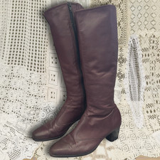Vintage 70s Burgundy Leather Mod Block Heel Knee High Disco Gogo Boots Size 8.5