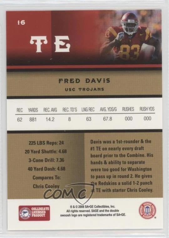 2008 SAGE Fred Davis #16 Rookie RC - Image 2 of 2