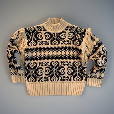 English Factory Cream Black Geometric Fringe Sleeve Large Women s Warm Sweater