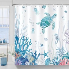 Sea Turtle Shower Curtain, Blue Coastal Ocean Beach Coral Starfish Seashell S...