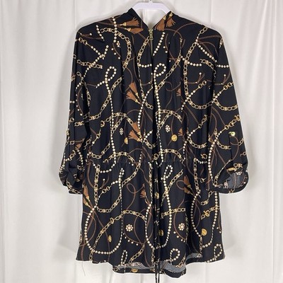 Coco and Shay 3X Women's Black Gold Chain Tassel Pearl Print Zip Top