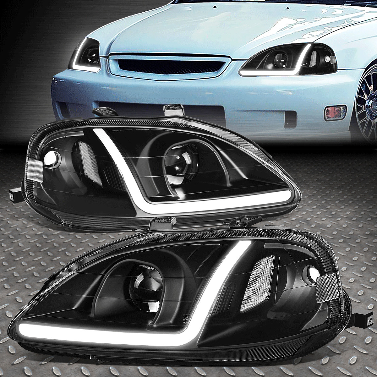 [LED DRL]FOR 99-00 HONDA CIVIC BLACK HOUSING CLEAR CORNER PROJECTOR HEADLIGHTS