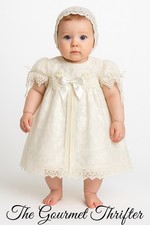 Vintage 1987 Handmade Baptism Christening Dress White Lace  Cap Baby Gown