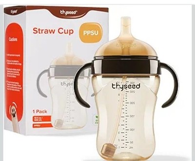 thyseed PPSU Straw Learner Cup 10oz Handles Leak Proof Straw Brush