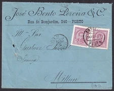 Portugal #66 1887 25r x 2 on 1890 cover to France