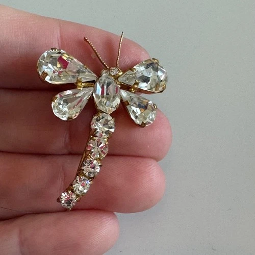 Vintage Rhinestone Dragonfly Insect Brooch Gold Tone Costume Jewelry