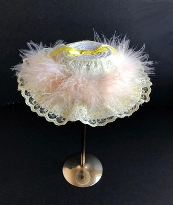 Decorated Fancy Hat for American Girl doll White Yellow Lace w/Marabou Feathers