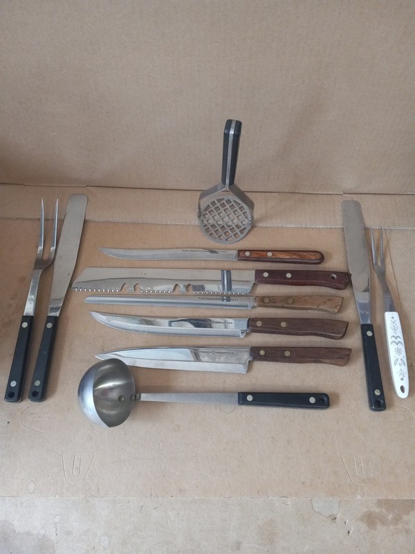 Vintage Flint Arrowhead Lot of 2 Meat Fork, 5 Knives,1 Ladle & 1 Masher, Etc-USA