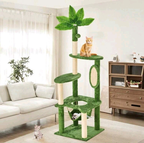 61" Cat Tree / Tower For Indoor With Green Leaves, Cat Condo Cozy Plush...
