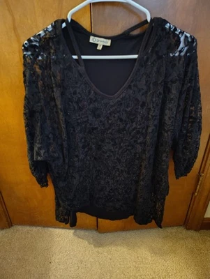 Democracy Layered Blouse Medium Black Lace Diagonal Hem Attached Cami 3/4 Sleeve - Image 1 of 3