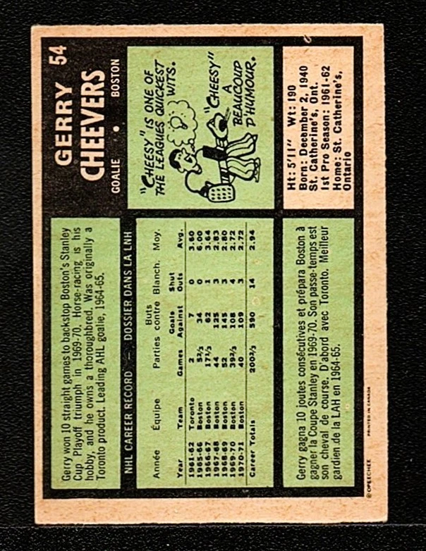 1971 - 72 OPC O Pee Chee # 54 GERRY CHEEVERS VG- EX - Image 2 of 2