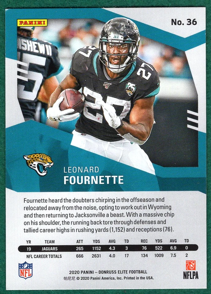 Leonard Fournette - 2020 Donruss Elite #36 - Jacksonville Jaguars Football Card - Image 3 of 3