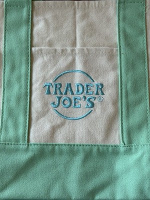 TRADER JOE S MINI PASTEL GREEN CANVAS TOTE BAG EMBROIDERED LOGO EACH SIDE NU/TAG