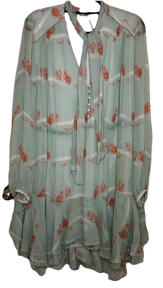 100% 真丝 Jonathan Simkhai Seafoam FloralIrena 玫瑰连衣裙分层褶边 M 码 — 第 2/4 张图片