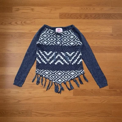Justice Girls Bouclé Fringe Sweater Blue White Chevron Long Sleeve Pullover Sz 8 - Image 1 of 4