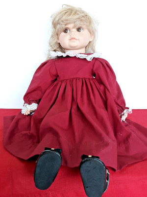 1993 Dolls by Jerri 20'' high doll # 1201 in maroon dress soft body vinyl ...READ