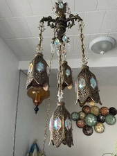 Vintage Hollywood Regency jeweled swag hanging light