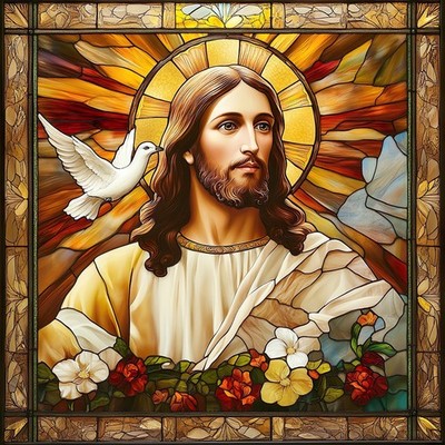 UNSER HERR JESUS CHRISTUS & TAUBE - GLASMALEREI EFFEKT - 8'' x 8'' UNGERAHMTER DRUCK 813