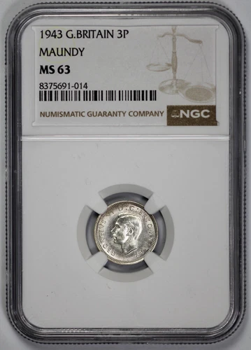 1943 Great Britain Maundy 3p Threepence NGC MS 63