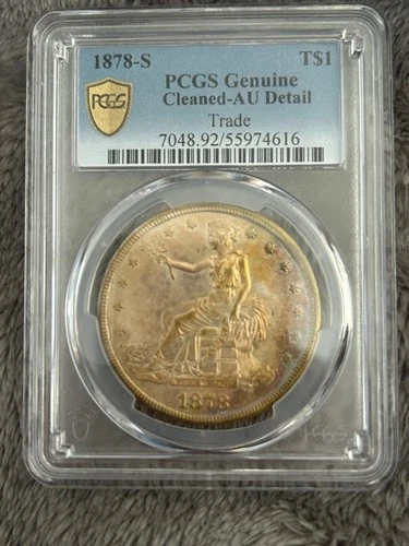 PCGS AU-details cleaned, 1878-S SILVER TRADE DOLLAR. Looks UNC with neat toning.