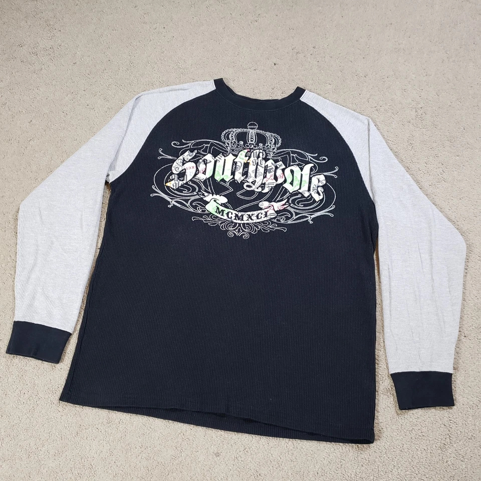 复古 Y2K Southpole 衬衫男式大号黑色灰色保暖古英语街头服饰 — 第 2/4 张图片