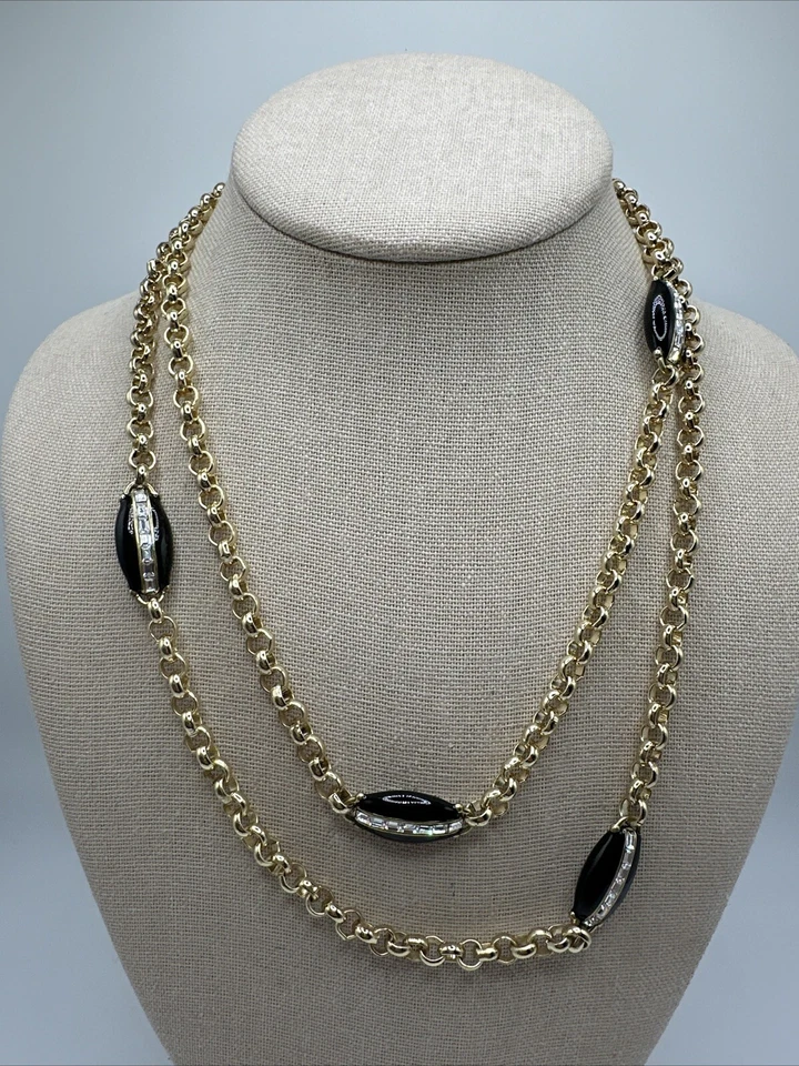 Heidi Daus Long Gold Tone Black Enamel Clear Crystal Chain Necklace - Image 2 of 4