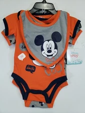OFFICIAL DISNEY BABY 3 Piece BODY SUIT & BIB Set ORANGE GRAY Baby 3-6 Months NWT