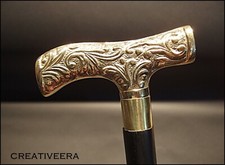 Antique Style Victorian Brass Engraved Head Handle Wooden Walking Stick Cane